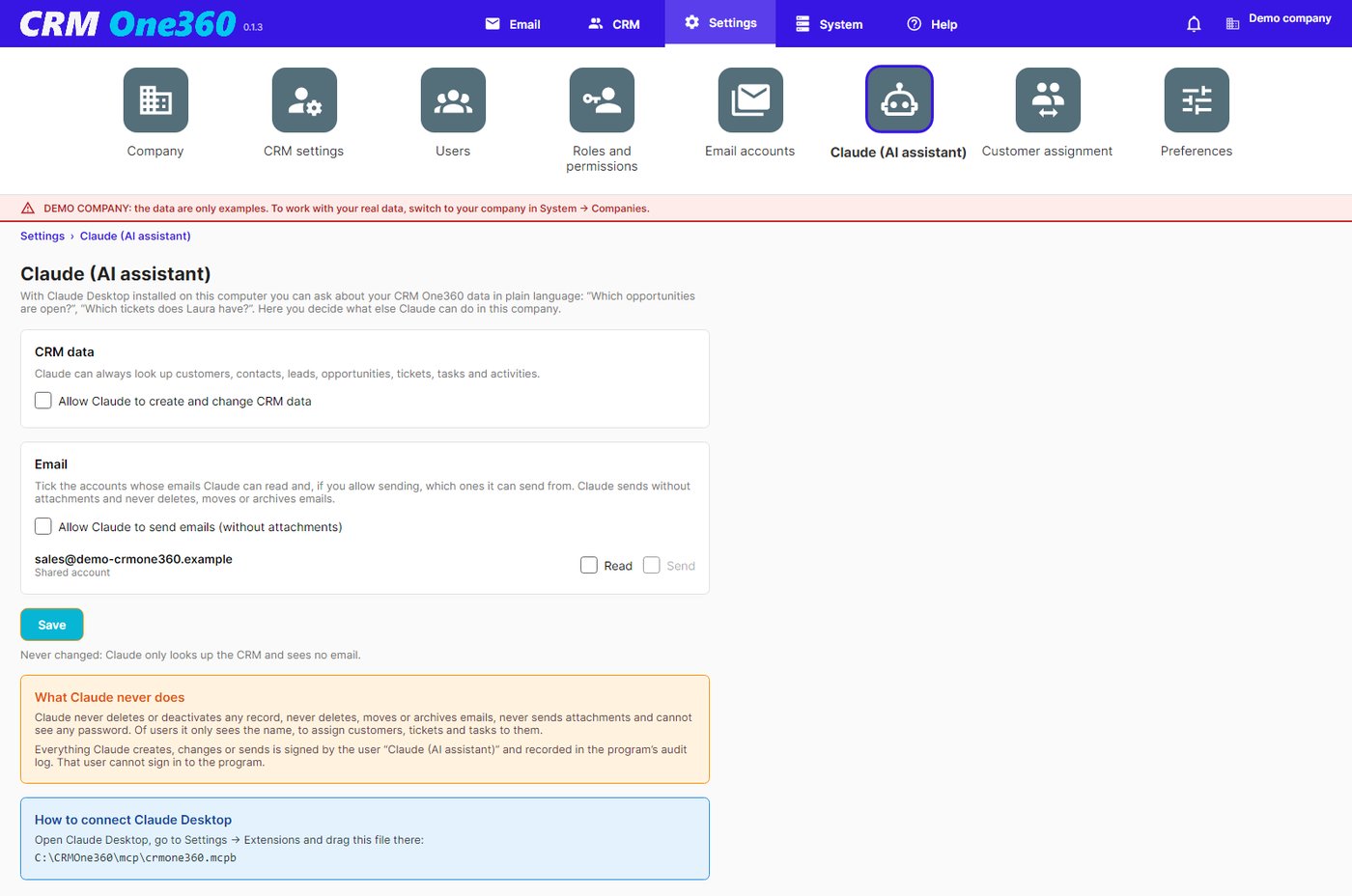 Claude settings in CRM One360